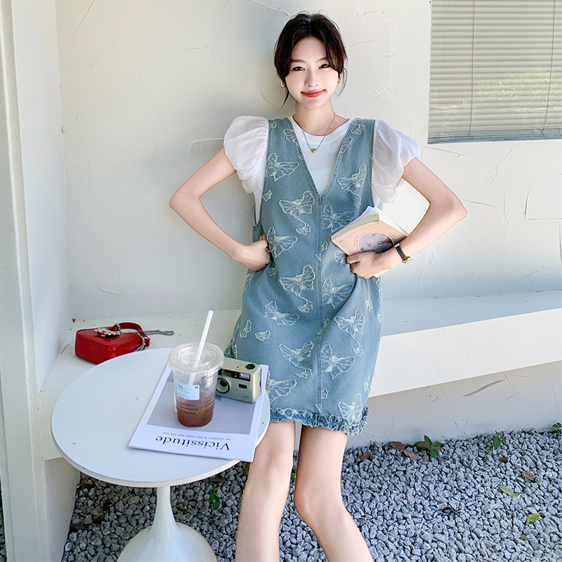 法式提花牛仔背心连衣裙套装女夏季2025新款小个子洋气减龄两件套