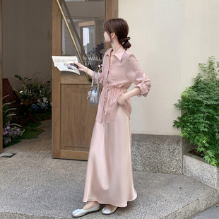 吊带裙两件套 法式 温柔风粉色连衣裙套装 女2025夏新款 轻薄防晒衬衫
