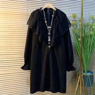 2025秋冬新款欧货高定时尚气质减龄纯色大码MM显瘦中长蕾丝连衣裙