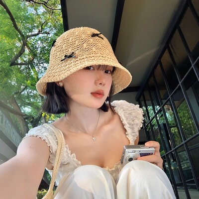 甜美蝴蝶结手工编织渔夫帽女夏季