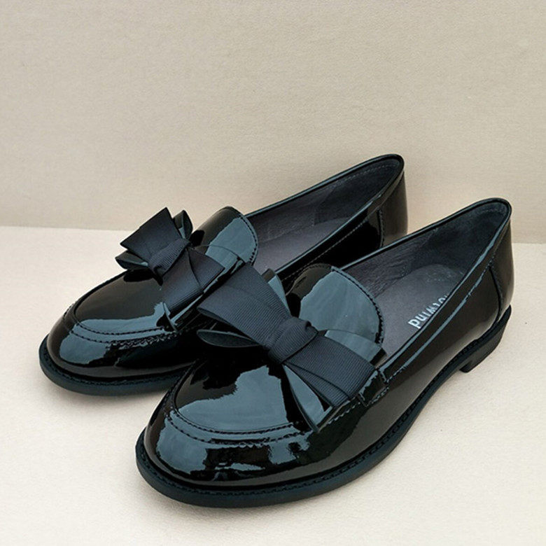 2018秋新款雅女鞋蝴蝶结平底单鞋女英伦风真皮小皮鞋h02w8316