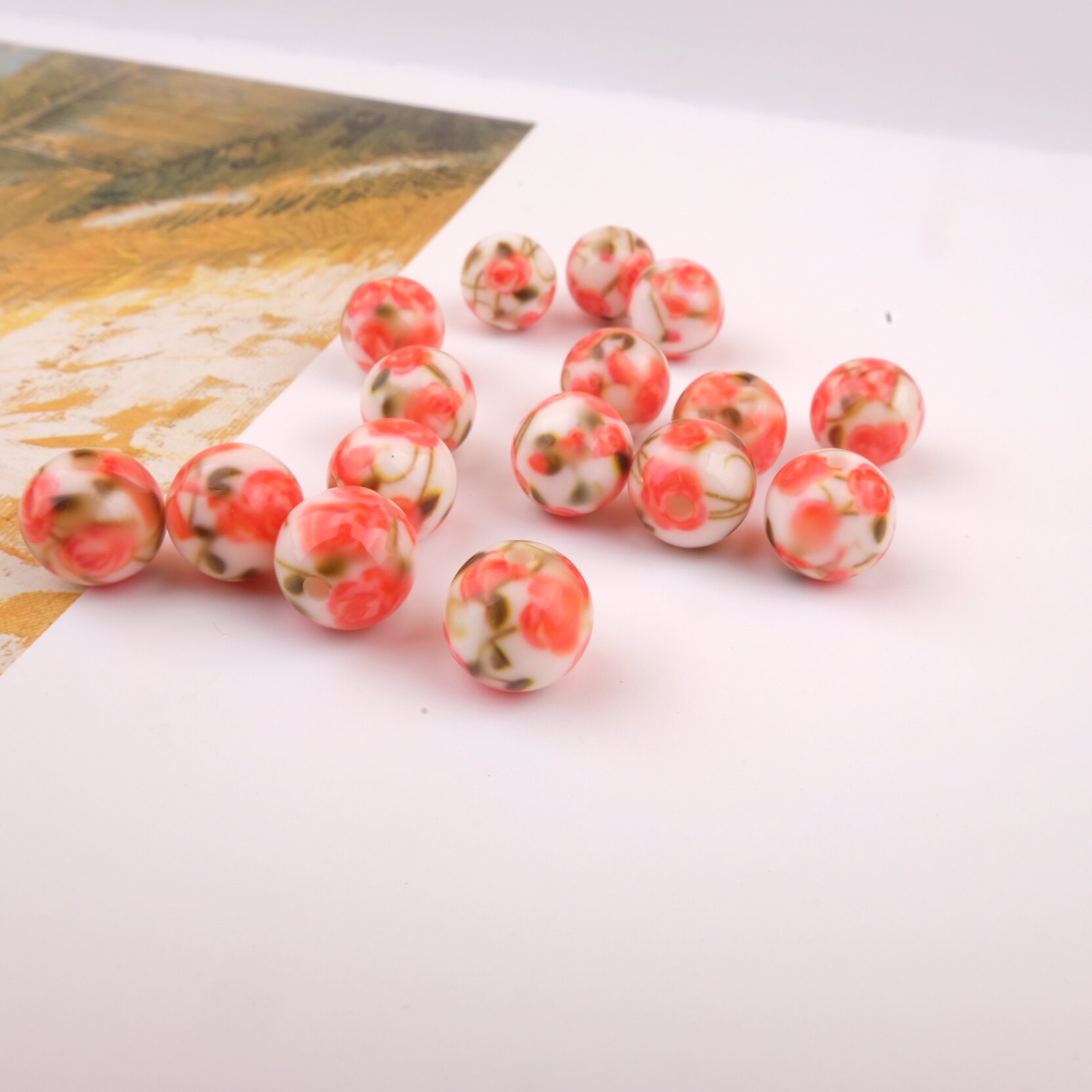 VINTAGE PRINT ACRYLIC VINTAGE SMALL FRESH COLOR BEAD EARRINGS BRACELET JEWELRY DIY 10MM STRAIGHT HOLE BEADS