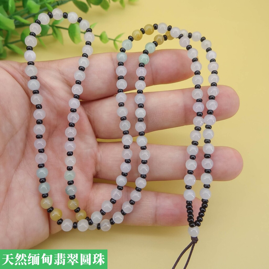 手工编天然翡翠三彩圆珠卡5项链吊坠挂绳珠珠精美彩色百搭时尚