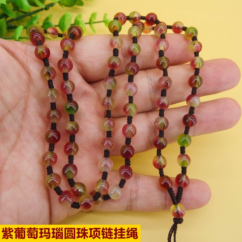天然飘花卡6圆珠吊坠玫瑰花海玛瑙挂绳玉石高档项链绳男女款长款