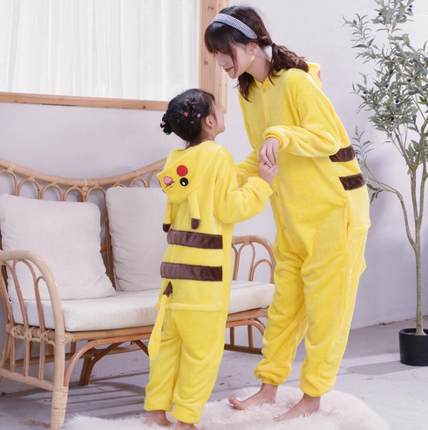 皮卡超/皮卡丘卡通连体睡衣母子装秋冬季法兰绒加厚家居服儿童男
