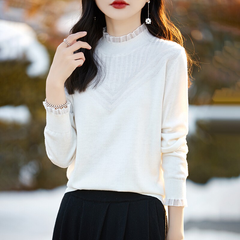 蕾丝木耳边半高领针织衫女宽松套头打底衫通勤穿搭毛衣通勤风长袖