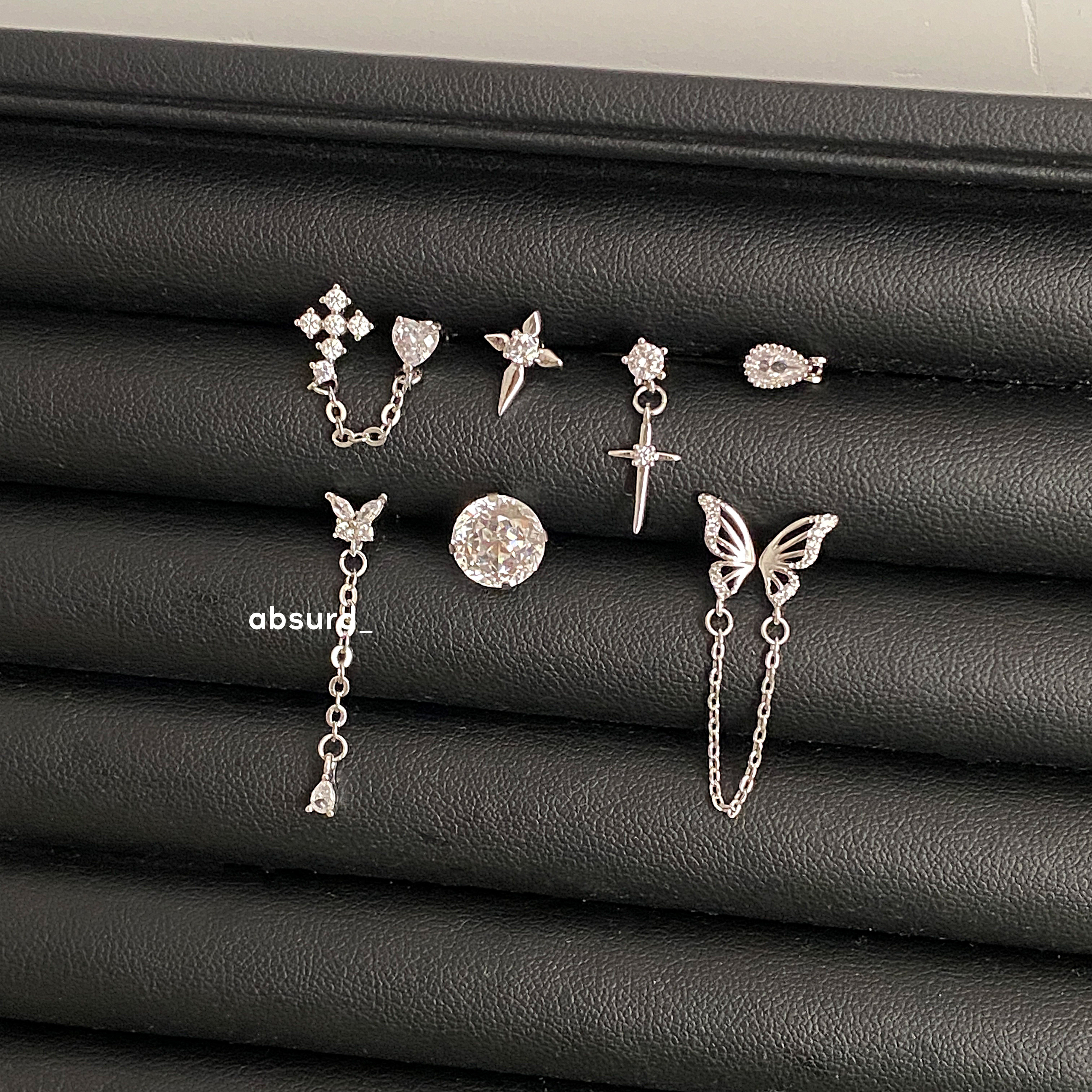 清冷蝴蝶系列！白色锆石耳骨钉钛钢平底拧螺丝耳蜗钉睡觉兔摘耳钉