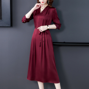 RM20823#气质真丝缎面连衣裙女长袖2023新款季中长款重磅绣花桑蚕丝中长裙