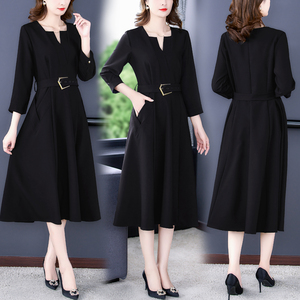 RM20819#修身OL职业装连衣裙2023新款七分袖显瘦气质黑色连衣裙女