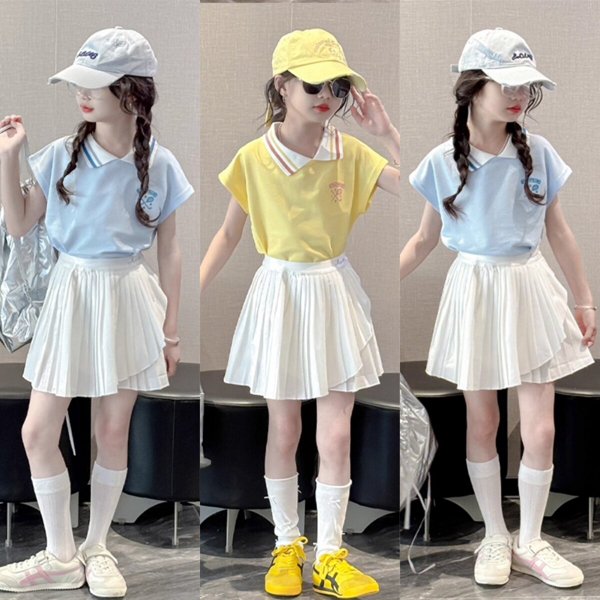 女童运动套装夏季新款中大童POLO衫短裤两件套学院风百褶裙休闲服