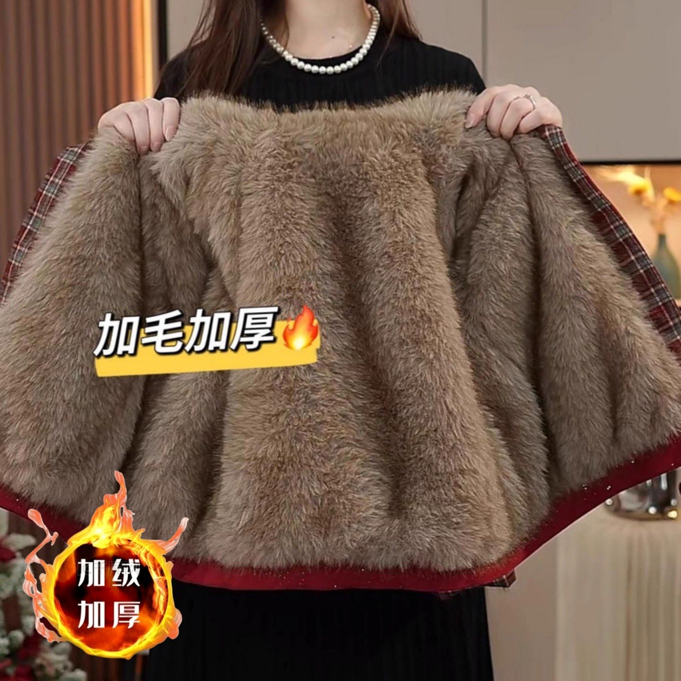 女童撒银翻领派克服外套秋冬新款洋气韩版加厚仿皮草格子拼接棉服