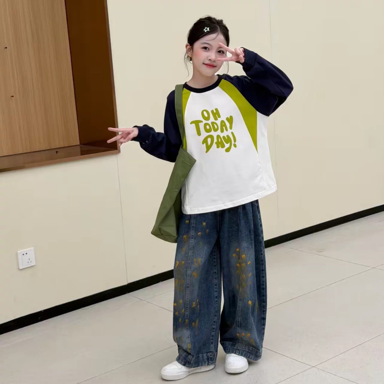 女童秋季拼色牛仔两件套韩版潮