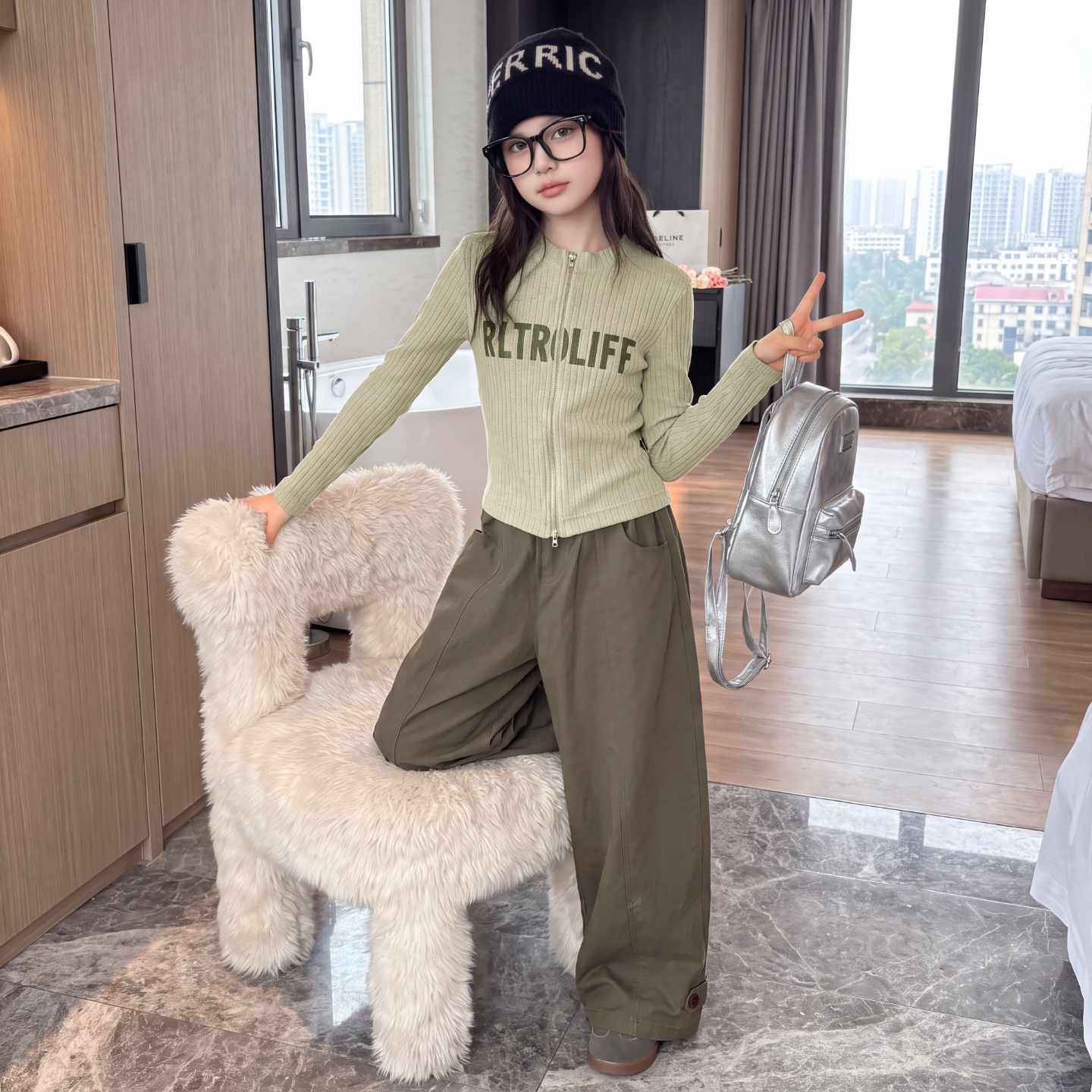 女童春秋学院风拉链开衫阔腿裤套