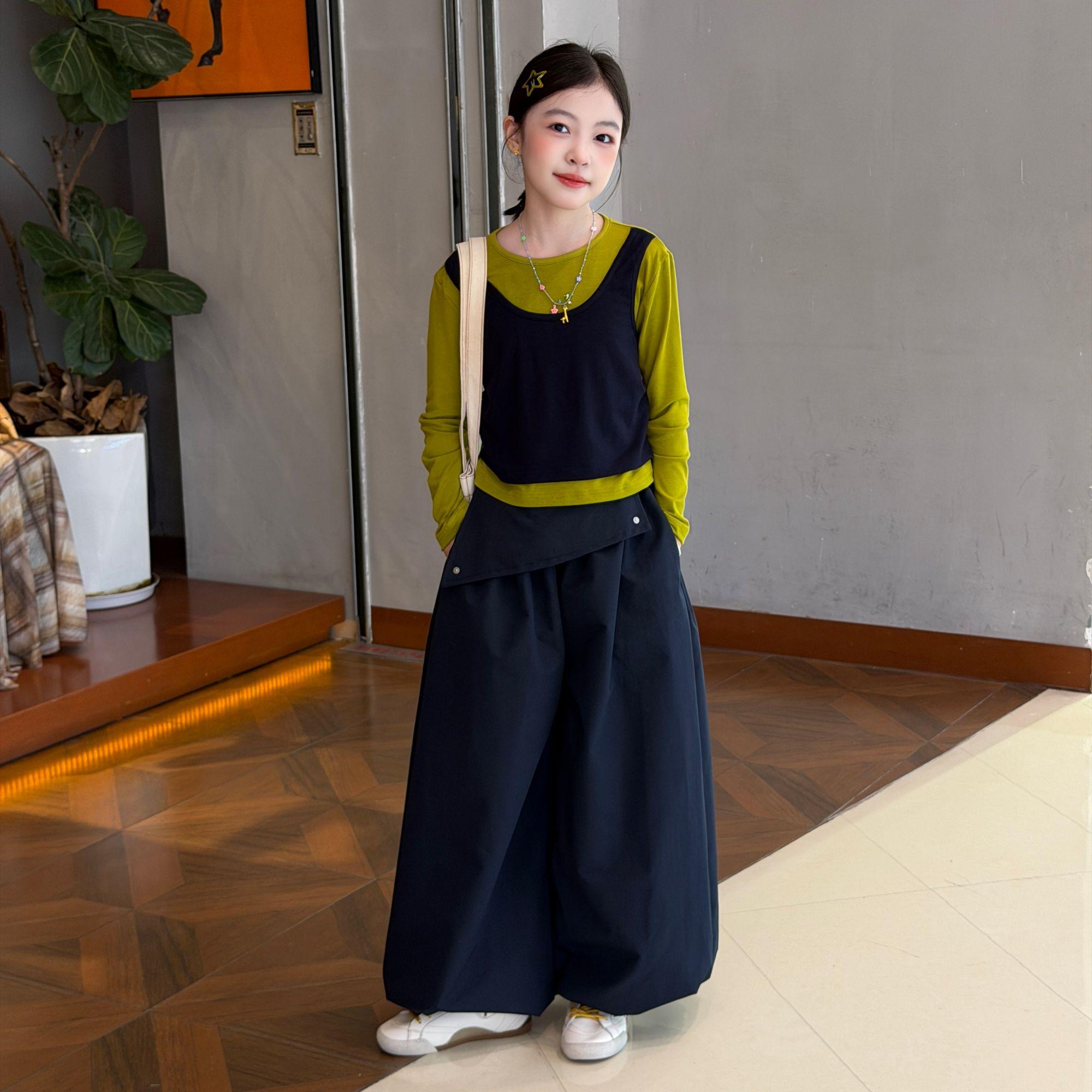 女童秋季撞色长袖阔腿裤套装