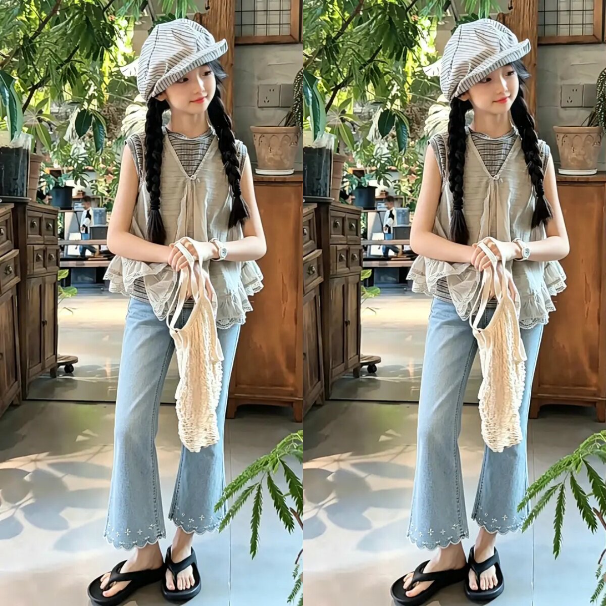 女童夏季韩系无袖条纹牛仔三件套