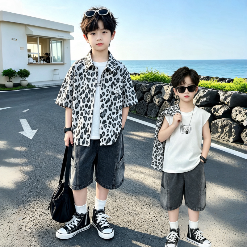 男童夏季豹纹短袖套装洋气牛仔短裤两件套潮童日常衬衫休闲套装