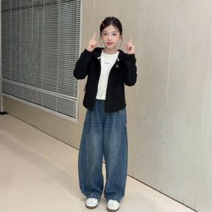 女童秋季套装中大童黑色拉链连帽外套阔腿牛仔裤儿童洋气两件套