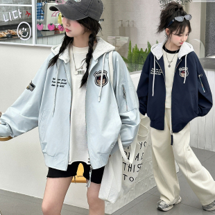 女大童秋冬装外套2026新款初中生女生连帽假两件夹棉加厚冲锋衣潮