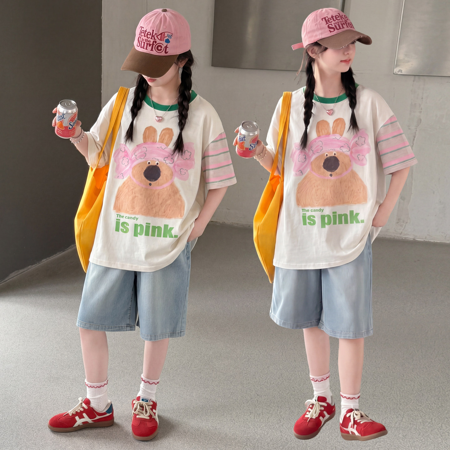女童夏季小熊牛仔阔腿五分裤套装