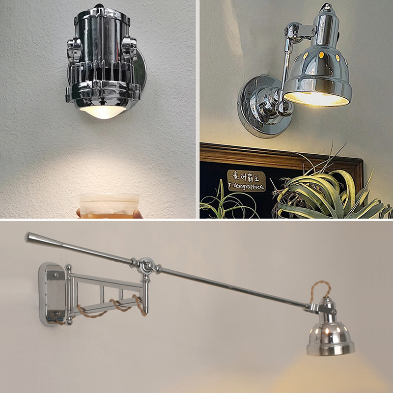 美式工业风铸铝银色长摇臂灯复古咖啡店餐厅走廊镜前楼梯书房壁灯