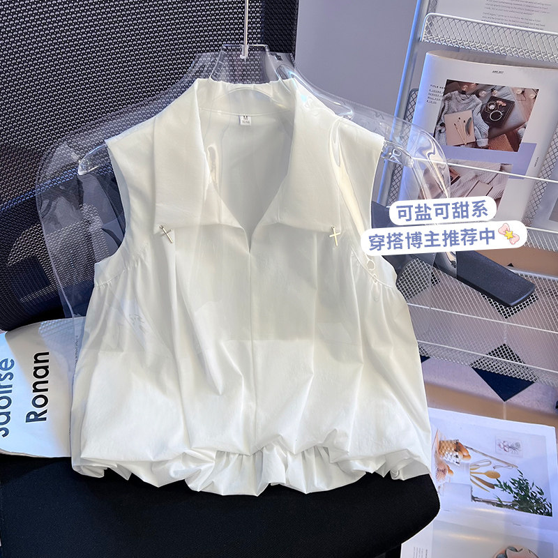 实拍法式白色无袖背心衬衫女2026年夏季新款高级感短款小衫上衣