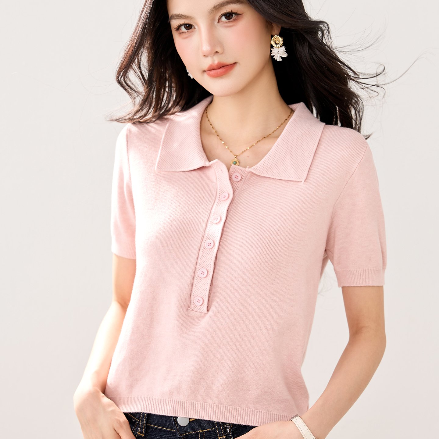 实拍新款纯色polo领针织衫女短袖2026夏季新款修身收腰正肩上衣女