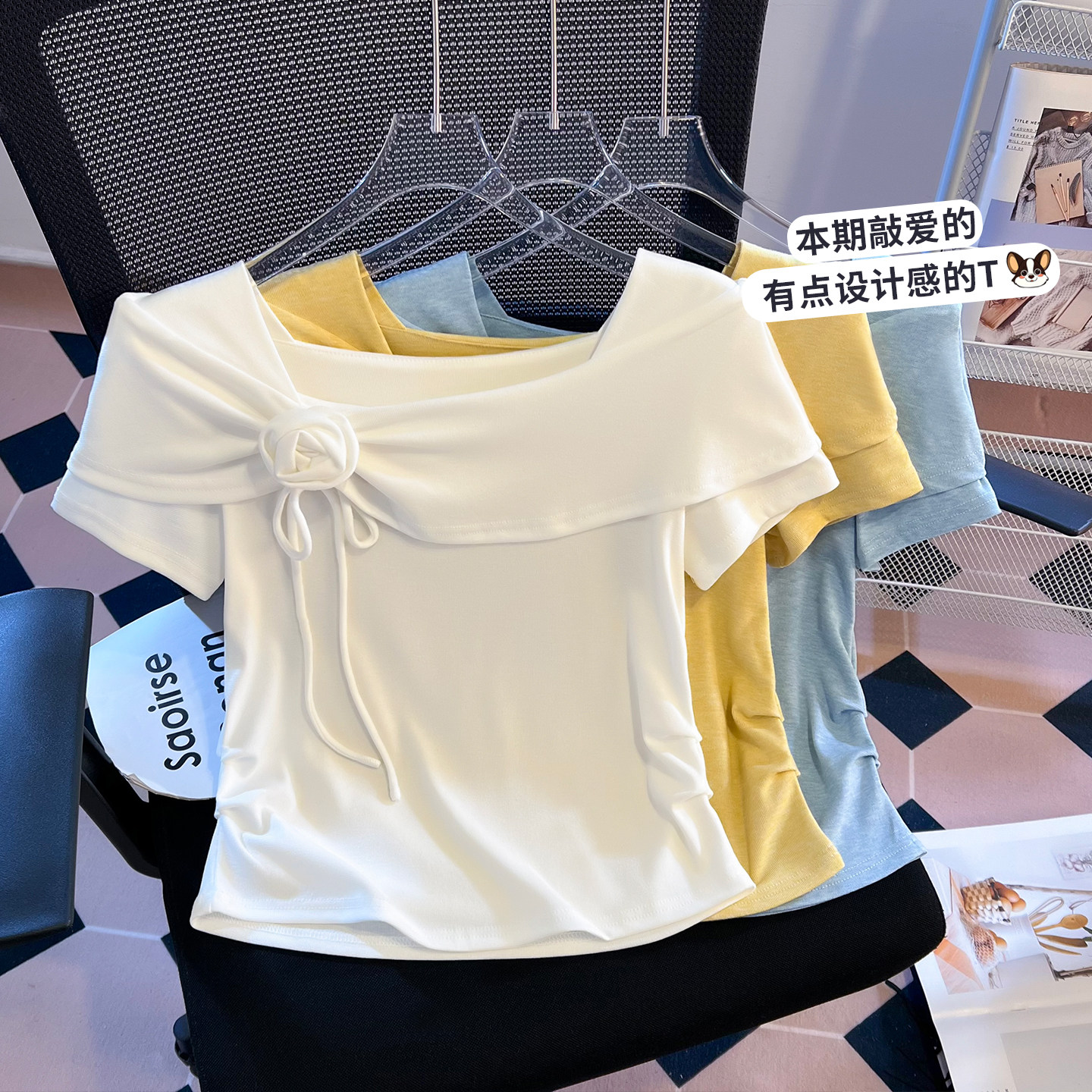 实拍立体花朵一字肩短袖T恤女夏方领设计感皱褶修身显瘦百搭上衣