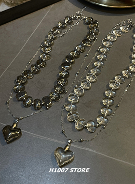 新款不规则琉璃爱心双层叠戴项链男小众设计高级感锁骨链女毛衣链