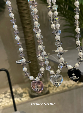 新款爱心土星珍珠项链女小众设计高级感锁骨链颈链男款嘻哈毛衣链