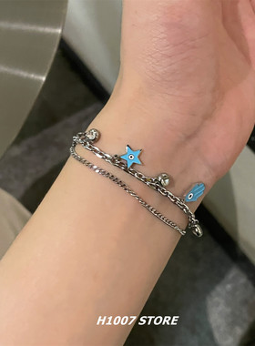 蓝色手掌星星锆石双层男款手链女钛钢链条小众设计高级感情侣饰品