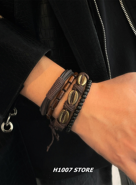 嘻哈风美式贝壳多层朋克男款手链女星星编织手绳小众设计手串饰品