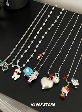 新款彩色方块KT猫爱心长款项链女小众设计感可爱甜美毛衣链男配饰