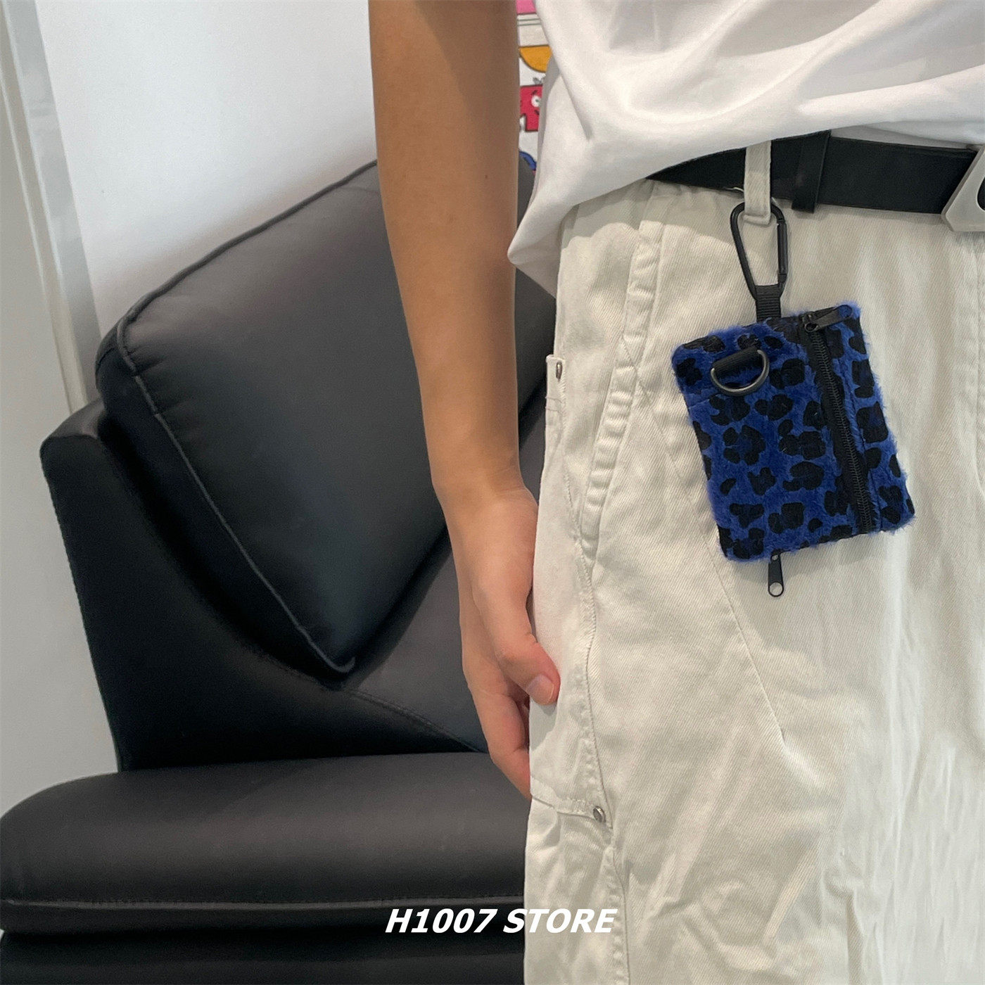 蓝色豹纹零钱耳机卡包男款裤链女包挂件