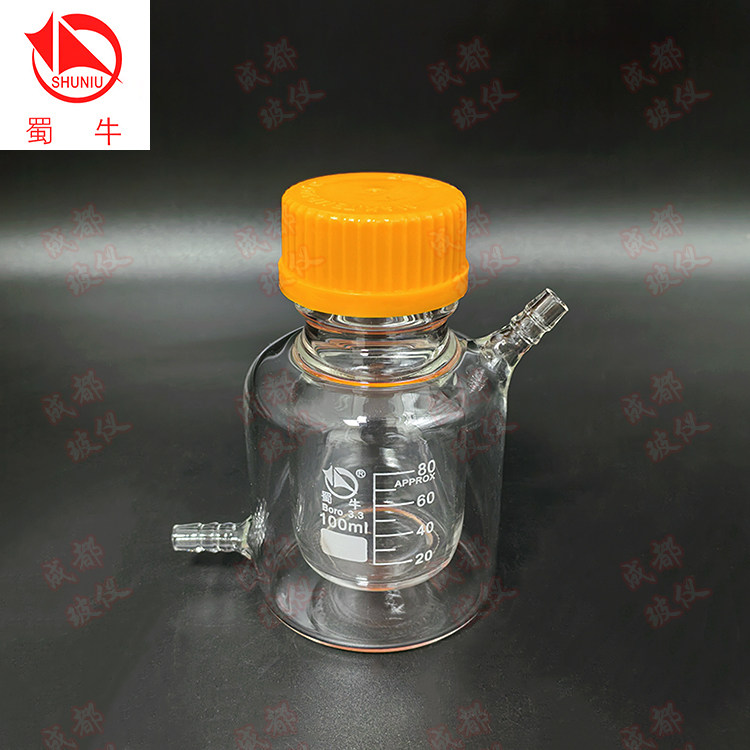 高硼硅双层丝口瓶试剂瓶 右上宝塔咀倾斜向上 筒形平底螺纹口烧瓶