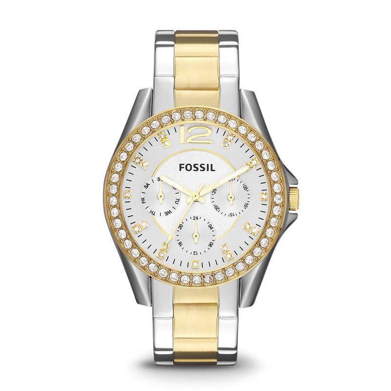 代购Fossil化石RILEY女士腕表日期防水指针石英金属钢带镶钻双色