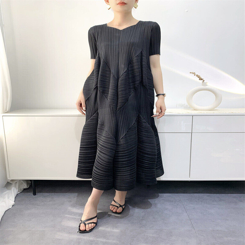 三宅风褶皱 看看のPLEATS 气质长款连衣裙小众设计感热卖花苞裙子