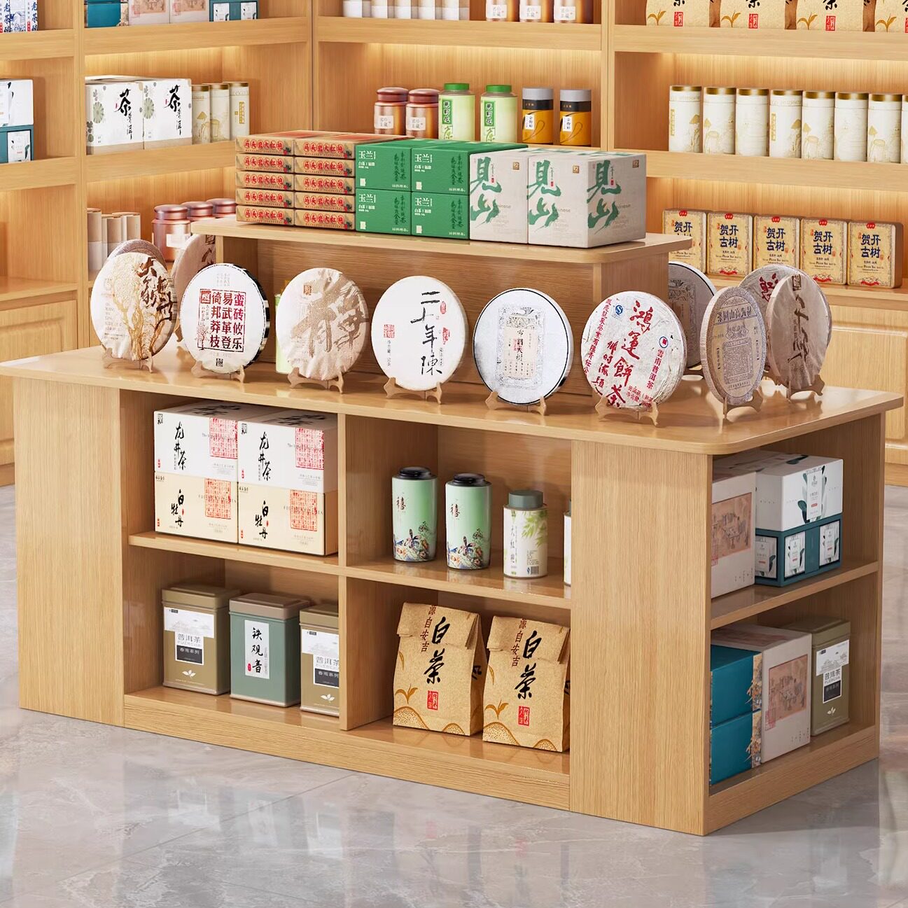 中岛展示柜特产茶叶产品陈列货架超市烟酒置物堆头样品促销流水台