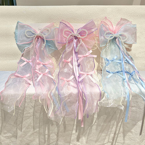 女童公主蝴蝶结仿珍珠网纱发夹