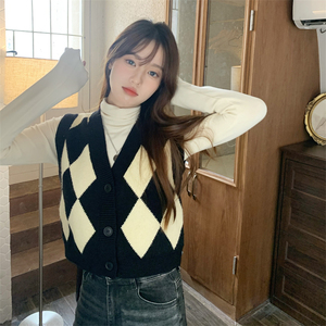 复古菱格针织开衫女马甲背心新款2023爆款春秋短款毛衣外套小个子