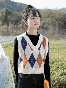菱格毛衣马甲背心女士秋季外穿洋气高档上档次针织上衣短款小个子