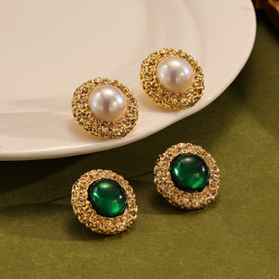 复古巴洛克圆形宝石银针耳环女 法式 FRENCH 轻度定制