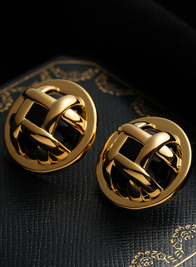 FRENCH【轻度定制】银针女镂空设计圆形金色编织黑色高级新品耳环