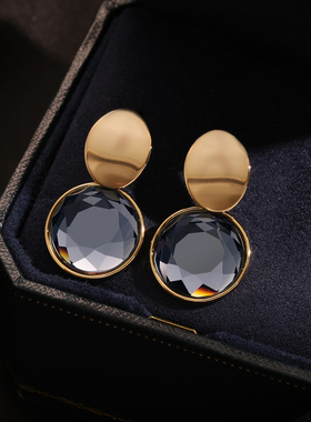 FRENCH【轻度定制】银针女耳钉圆形时尚风法式灰色水晶耳环新品潮