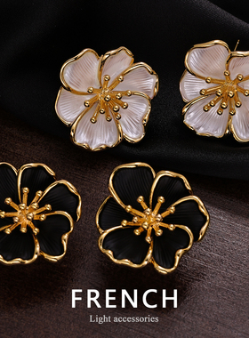 FRENCH【轻度定制】银针女日常法式花蕊珐琅工艺高级黑色新品耳环
