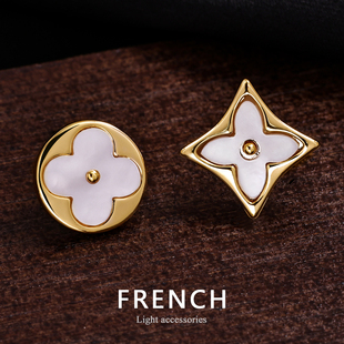 FRENCH轻度 贝壳气质高级感不对称耳钉女法式四叶草2026年新品潮