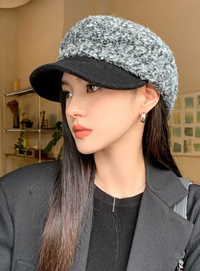 复古拼色贝雷帽女秋冬季保暖显脸小画家帽气质鸭舌帽冬天平顶帽子