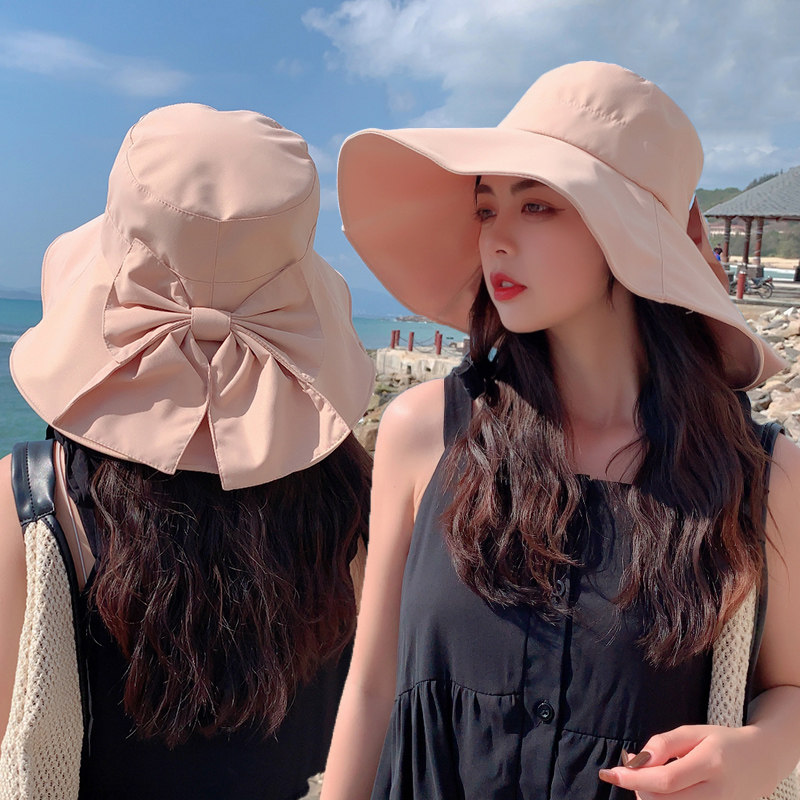 蝴蝶结遮阳帽女夏季新款时尚大檐防晒帽洋气渔夫帽出游沙滩太阳帽