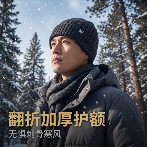 复古麻花针织帽男冬季加厚冷帽小标翻边毛线帽休闲保暖护耳套头帽