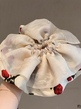 卡雪高级感浪漫玫瑰印花大肠发圈法式复古珍珠低马尾扎头发绳头绳