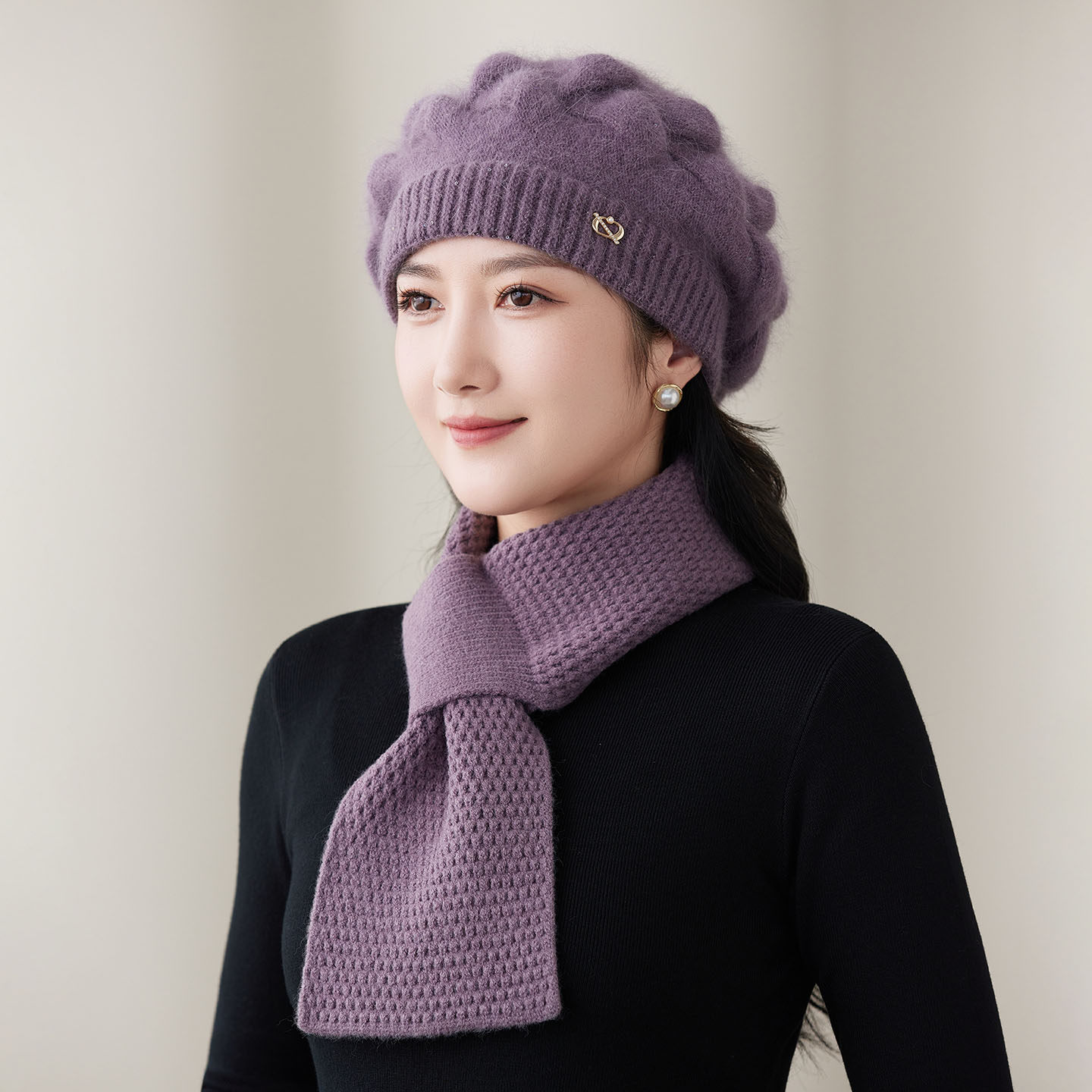 帽子围巾女冬季兔毛贝雷帽紫色保暖画家帽妈妈帽优雅气质防寒护耳